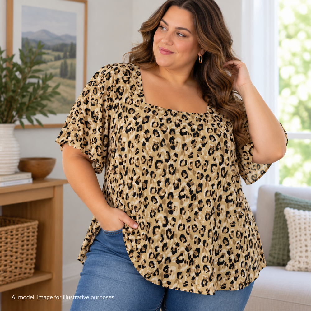 Susan Graver Shirt Womens 2X Tan Black Cheetah Leopard Tribal Flowy Square Neck